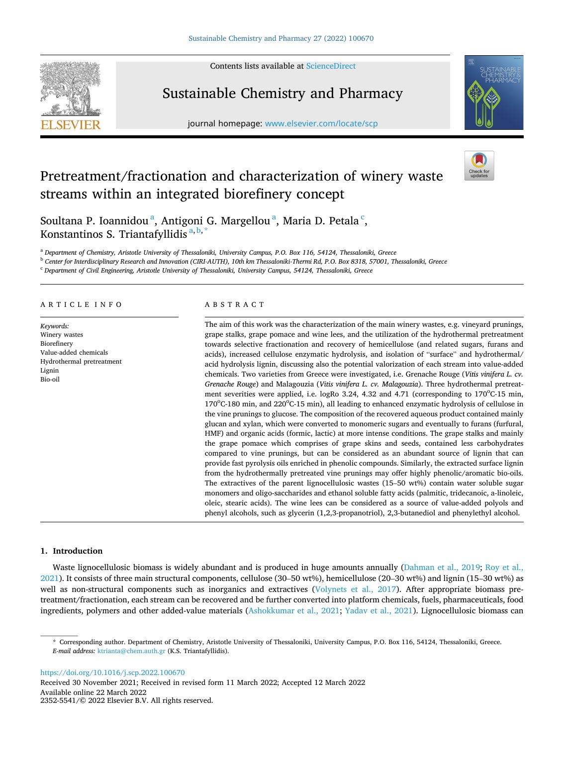 Pretreatmentfractionation and characterization of winery waste streams within an integrated biorefinery concept by Soultana P. Ioannidou & Antigoni G. Margellou & Maria D. Petala & Konstantinos S. Triantafyllidis