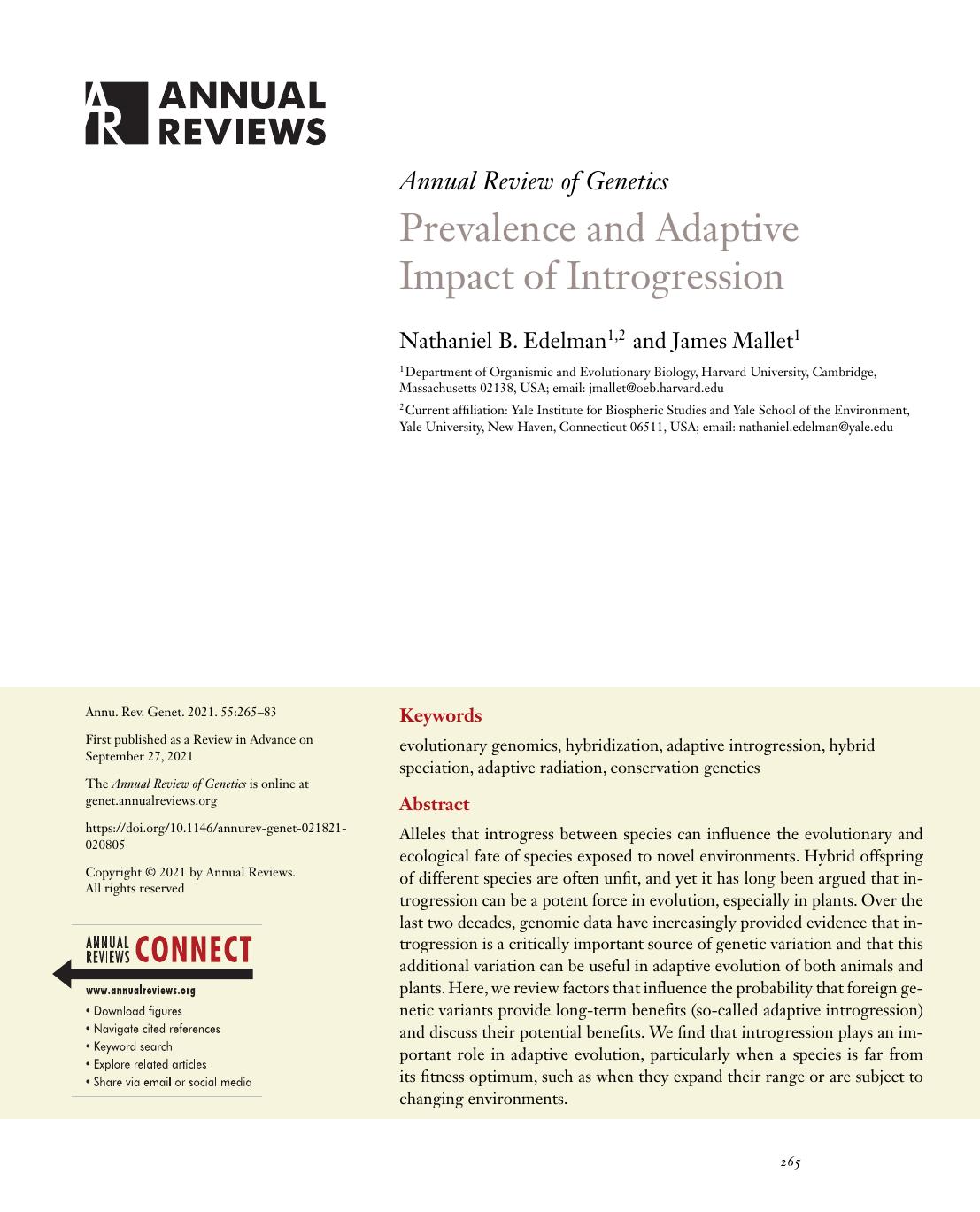 Prevalence and Adaptive Impact of Introgression by Nathaniel B. Edelman and James Mallet