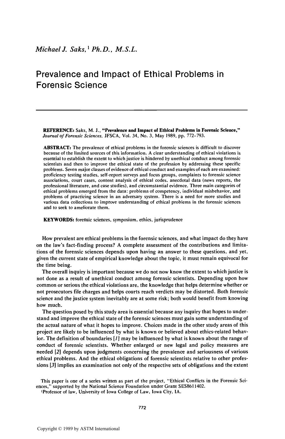 Prevalence and Impact of Ethical Problems in Forensic Science by Saks MJ