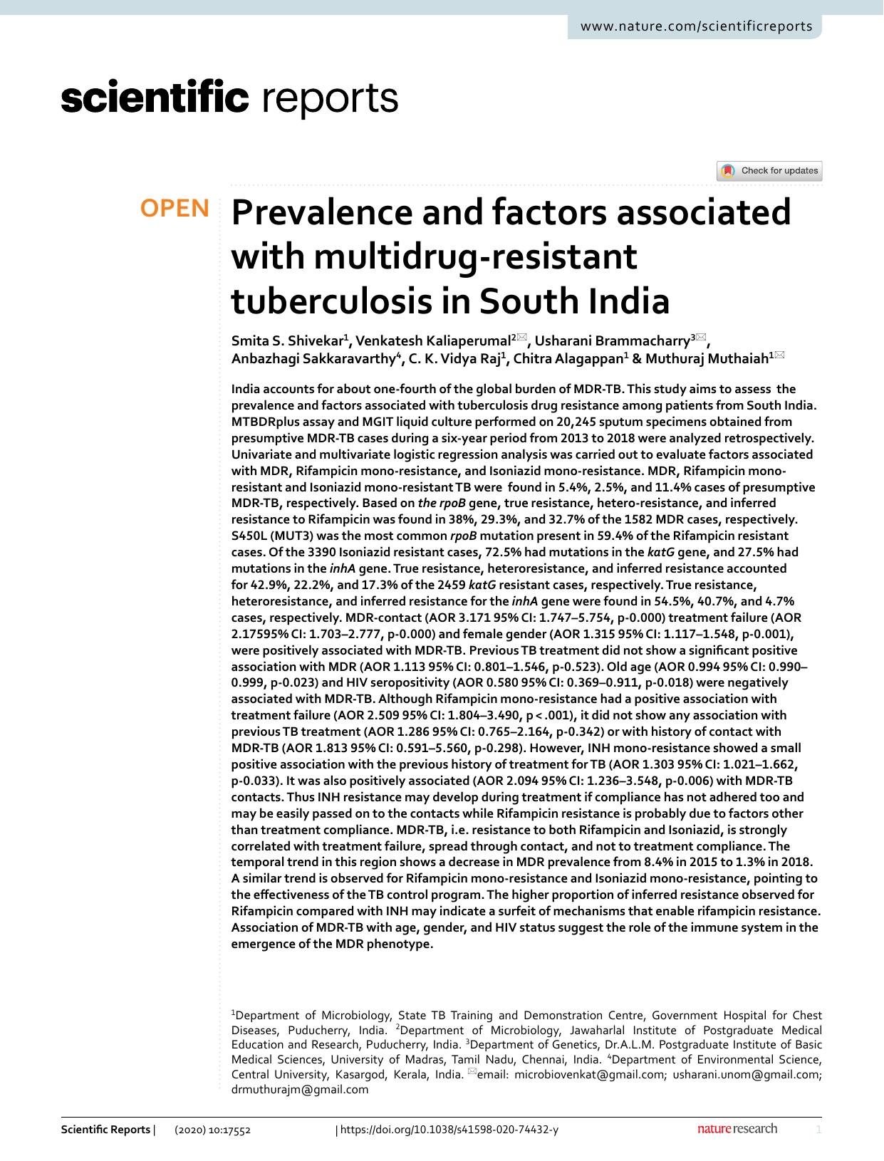 Prevalence and factors associated with multidrug-resistant tuberculosis in South India by unknow