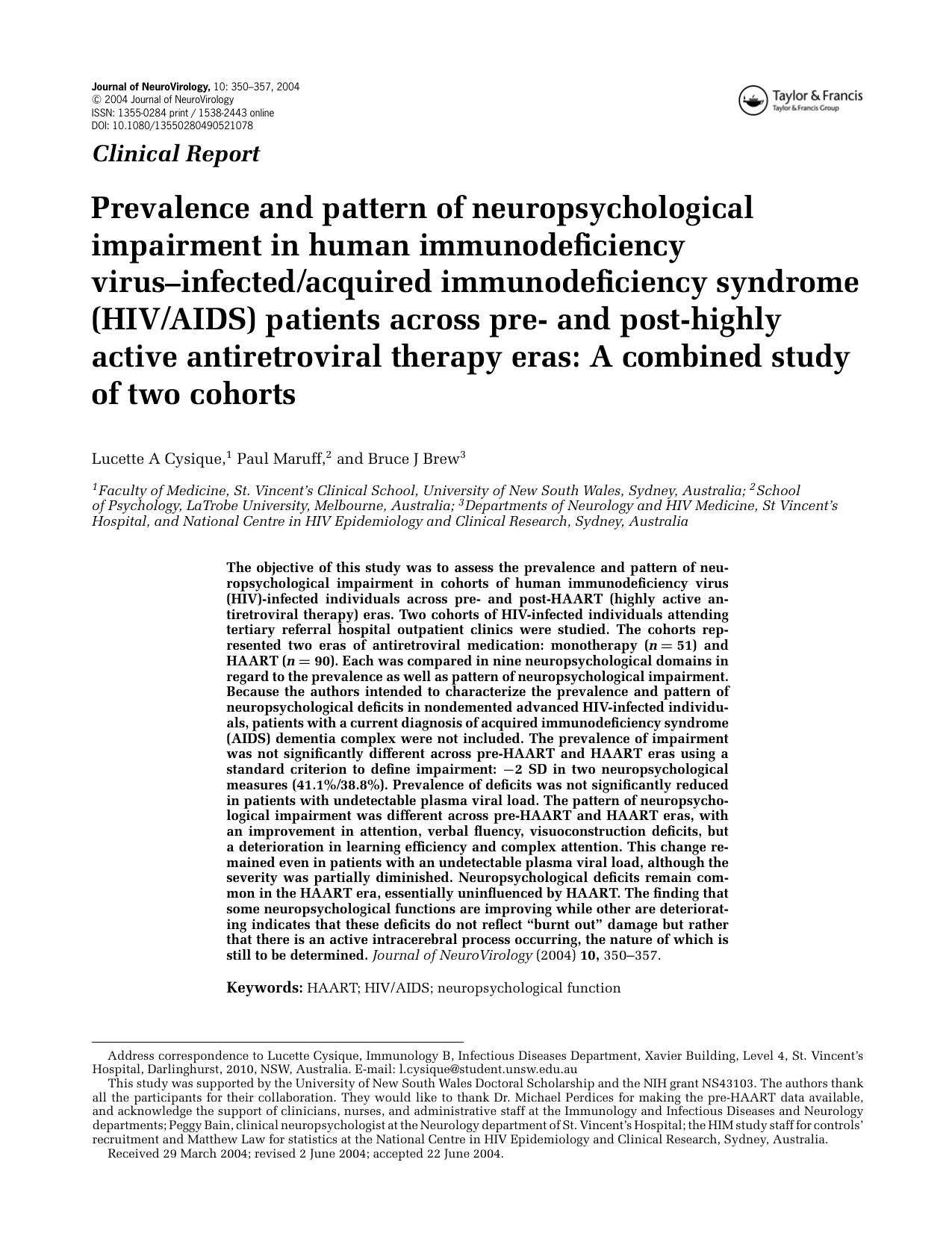 Prevalence and pattern of neuropsychological impairment in human immunodeficiency virus-infectedacquired immunodeficiency syndrome (HIVAIDS) patients across pre- and post-highly ac by Unknown
