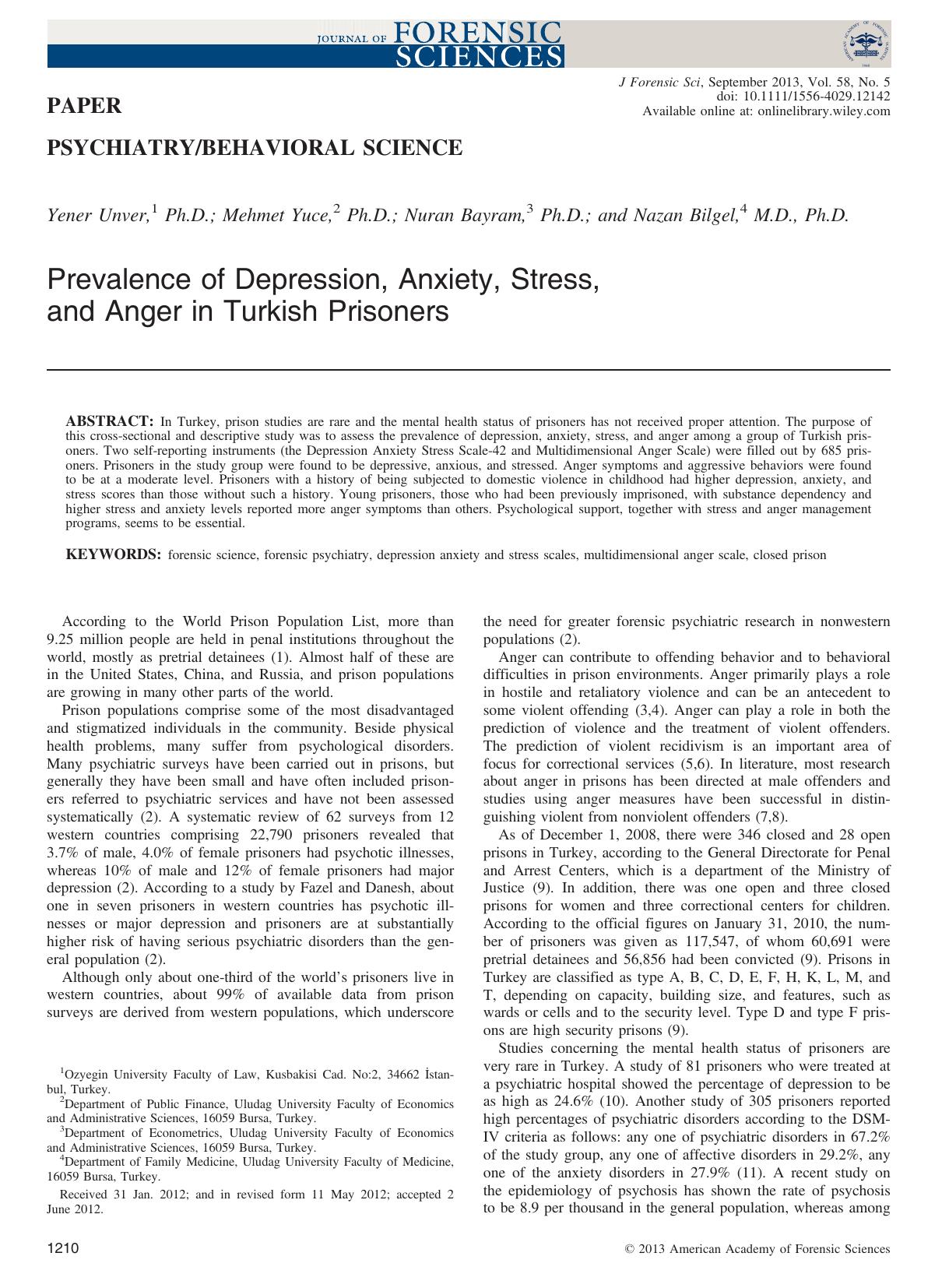 Prevalence of Depression, Anxiety, Stress, and Anger in Turkish Prisoners by Unknown