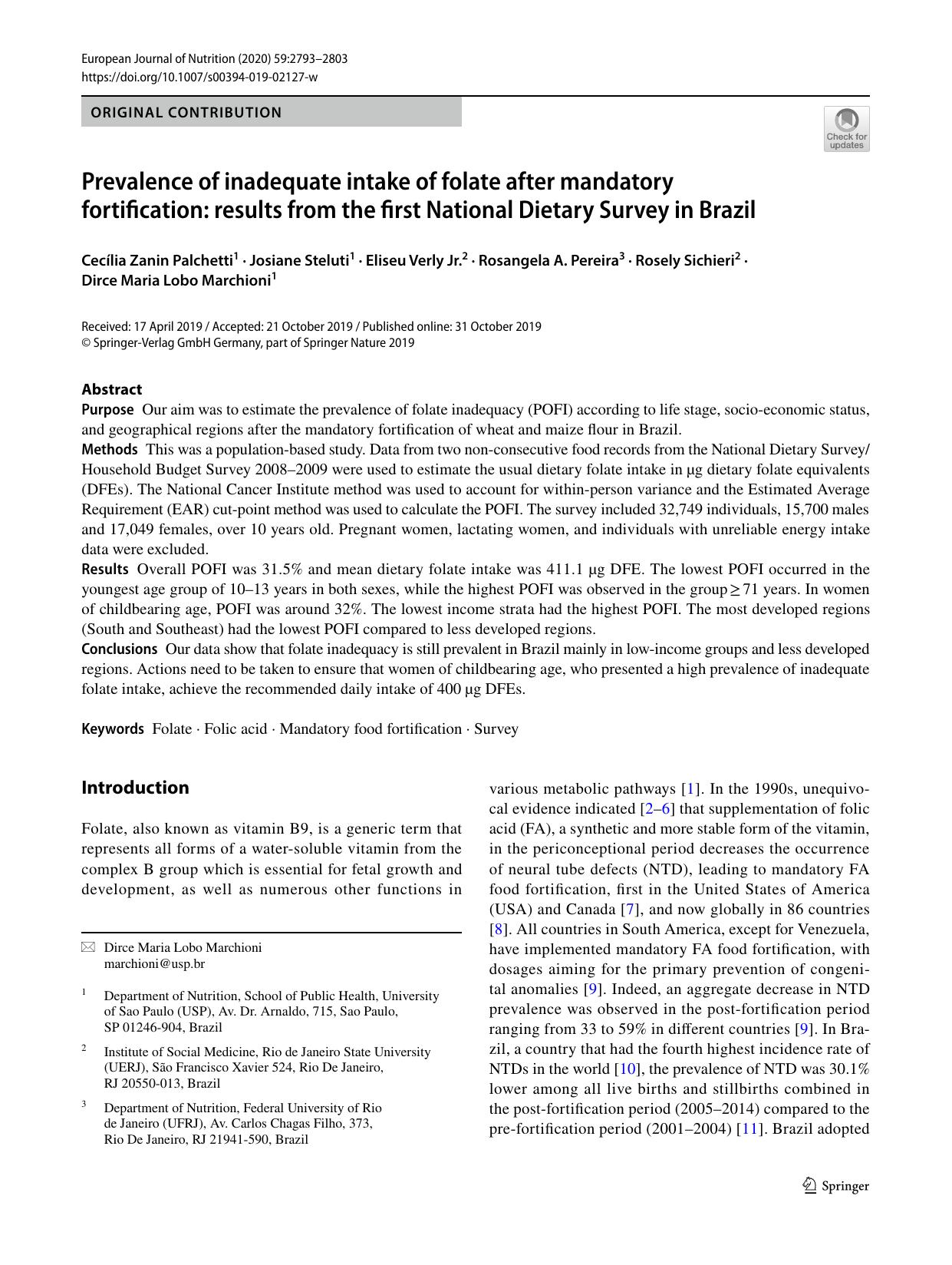 Prevalence of inadequate intake of folate after mandatory fortification: results from the first National Dietary Survey in Brazil by unknow
