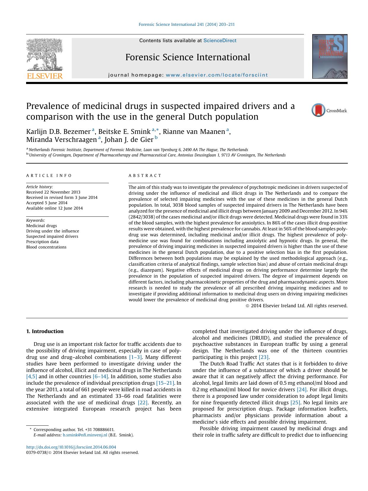 Prevalence of medicinal drugs in suspected impaired drivers and a comparison with the use in the general Dutch population by unknow