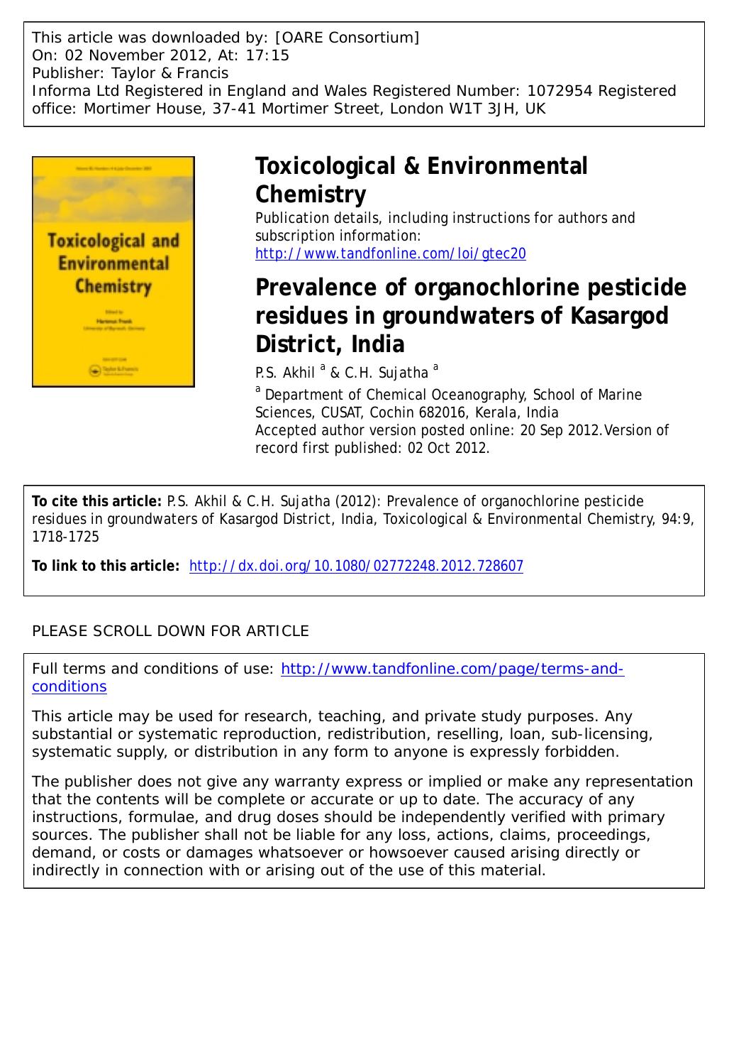 Prevalence of organochlorine pesticide residues in groundwaters of Kasargod District, India by P.S. Akhil & C.H. Sujatha
