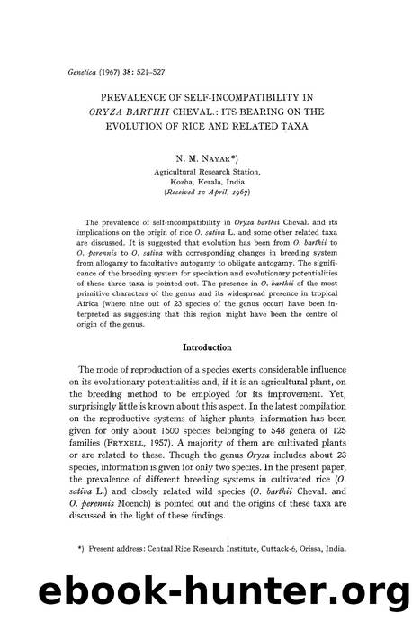 Prevalence of self-incompatibility in <Emphasis Type="Italic">Oryza barthii <Emphasis> Cheval.: Its bearing on the evolution of rice and related taxa by Unknown
