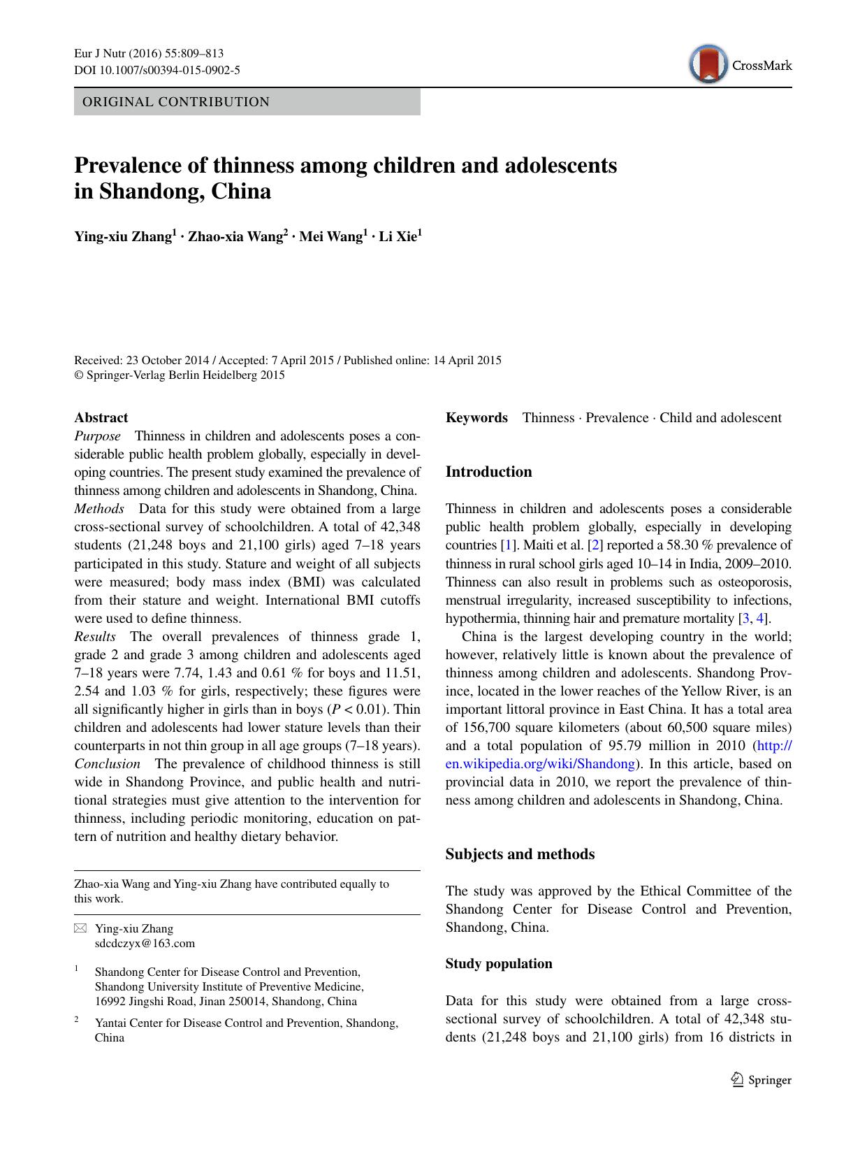 Prevalence of thinness among children and adolescents in Shandong, China by Ying-xiu Zhang & Zhao-xia Wang & Mei Wang & Li Xie