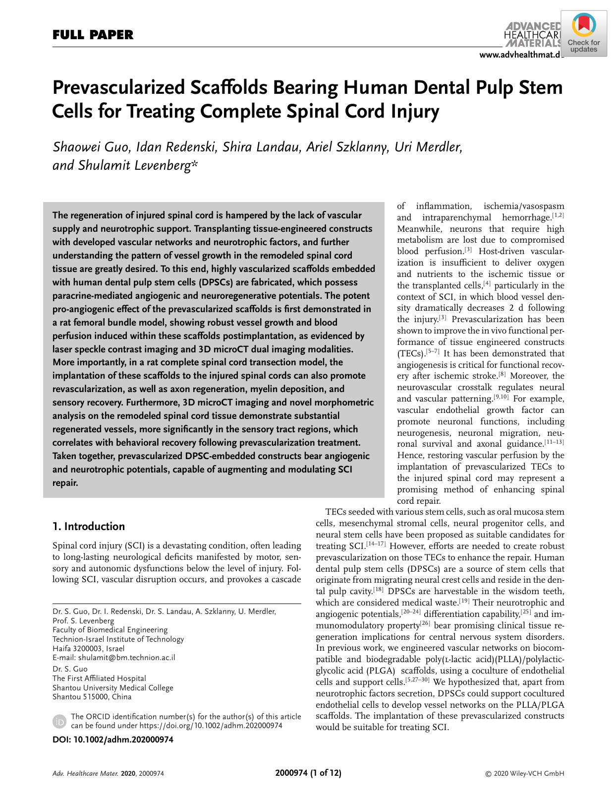 Prevascularized Scaffolds Bearing Human Dental Pulp Stem Cells for Treating Complete Spinal Cord Injury by Unknown