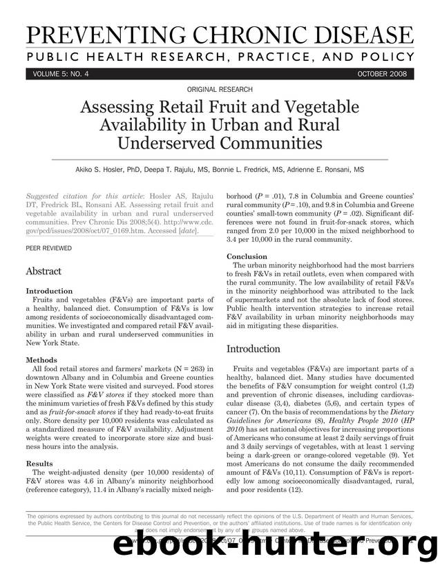 Preventing Chronic Disease by Akiko S. Hosler PhD Deepa T. Rajulu MS Bonnie L. Fredrick MS Adrienne E. Ronsani MS for CDC