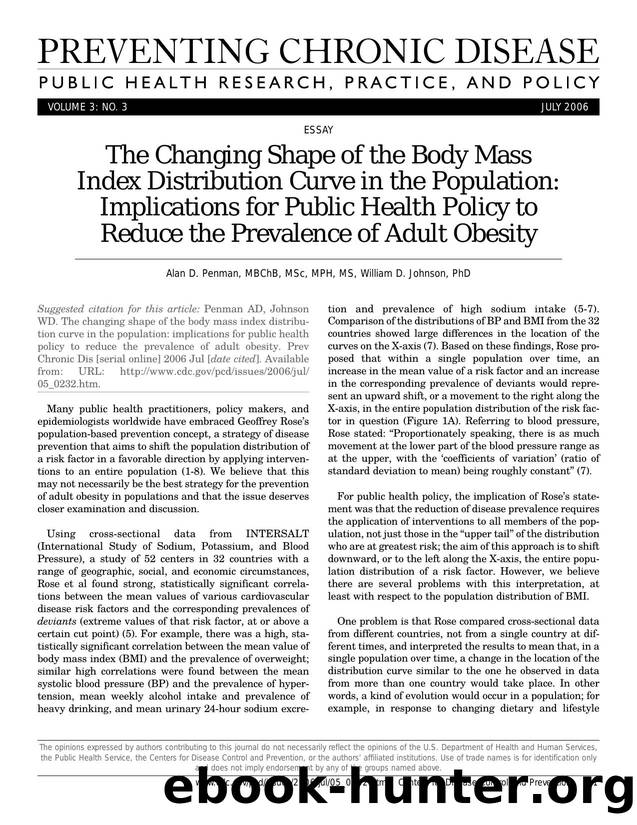 Preventing Chronic Disease by Alan D. Penman MBChB MSc MPH MS William D. Johnson PhD for CDC