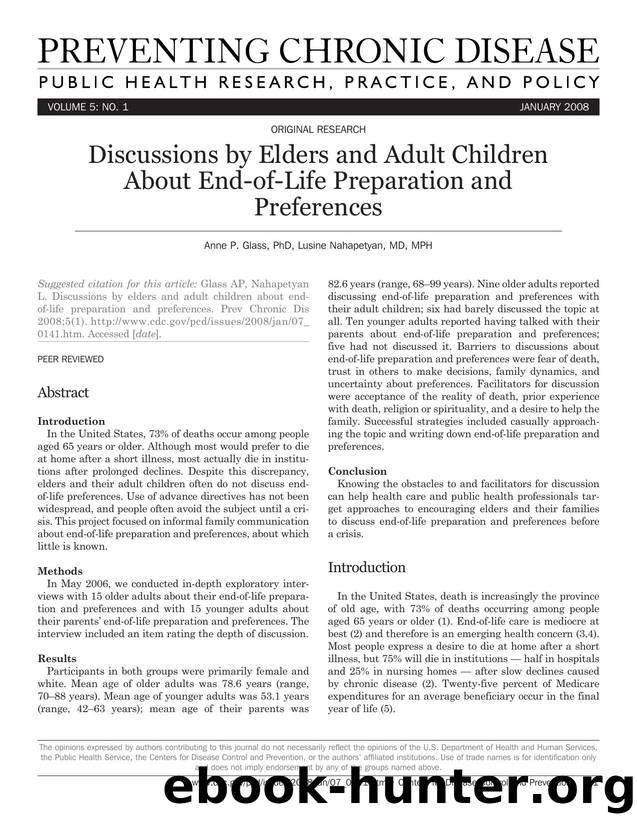 Preventing Chronic Disease by Anne P. Glass PhD Lusine Nahapetyan MD MPH for CDC