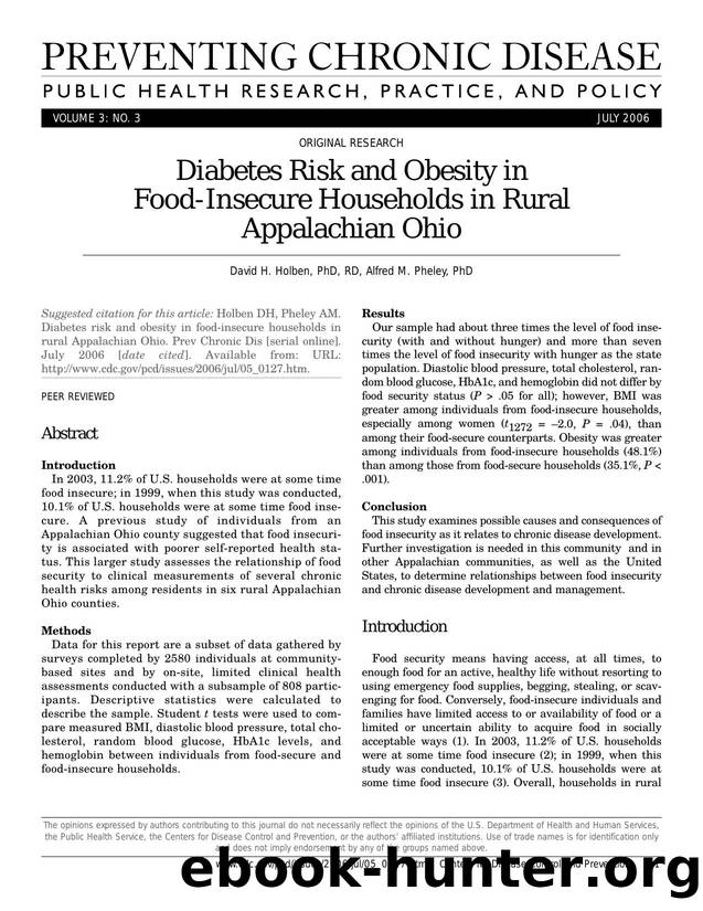Preventing Chronic Disease by David H. Holben PhD RD Alfred M. Pheley PhD for CDC