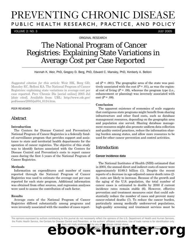 Preventing Chronic Disease by Hannah K. Weir PhD Gregory D. Berg PhD Edward C. Mansley PhD Kimberly A. Belloni for CDC