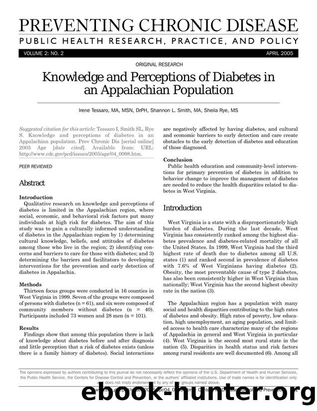 Preventing Chronic Disease by Irene Tessaro MA MSN DrPH Shannon L. Smith MA Sheila Rye MS for CDC