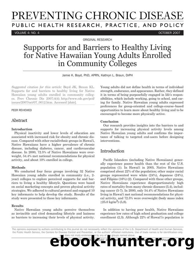 Preventing Chronic Disease by Jamie K. Boyd PhD APRN Kathryn L. Braun DrPH for CDC