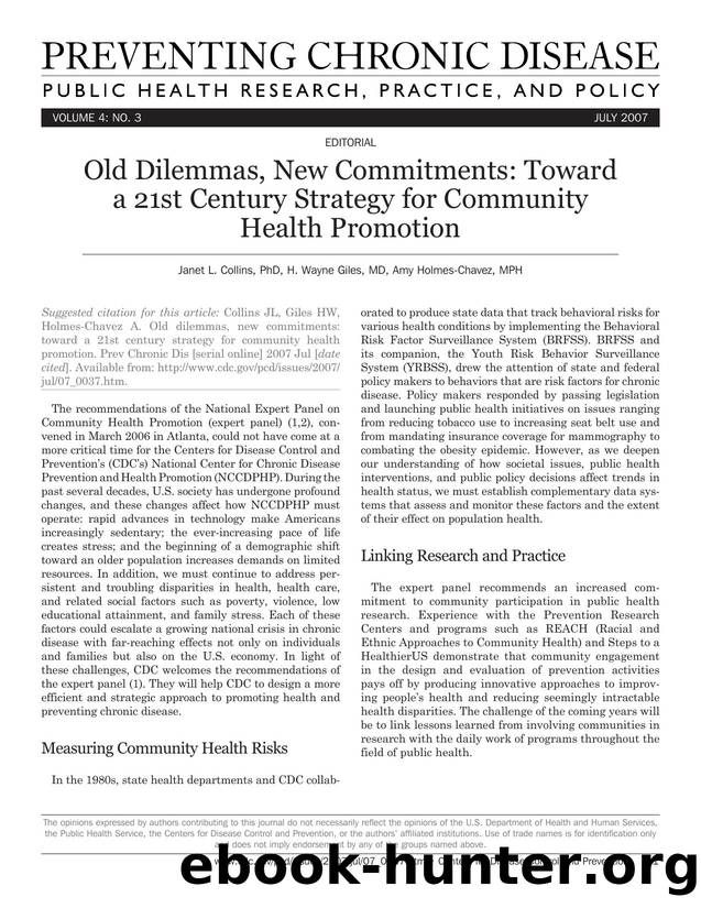 Preventing Chronic Disease by Janet L. Collins PhD H. Wayne Giles MD Amy Holmes-Chavez MPH for CDC