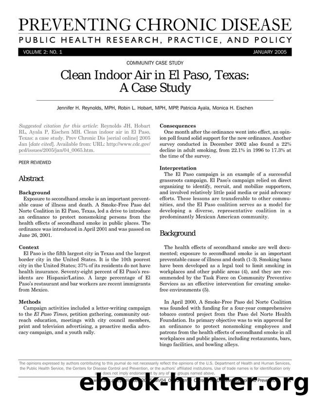 Preventing Chronic Disease by Jennifer H. Reynolds MPH Robin L. Hobart MPH MPP Patricia Ayala Monica H. Eischen for CDC