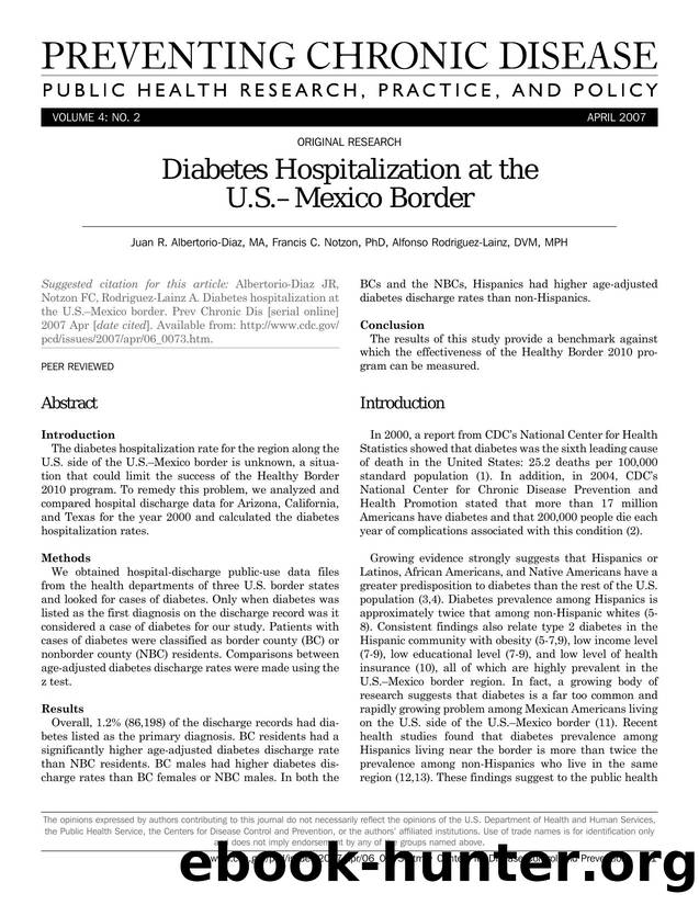 Preventing Chronic Disease by Juan R. Albertorio-Diaz MA Francis C. Notzon PhD Alfonso Rodriguez-Lainz DVM MPH for CDC