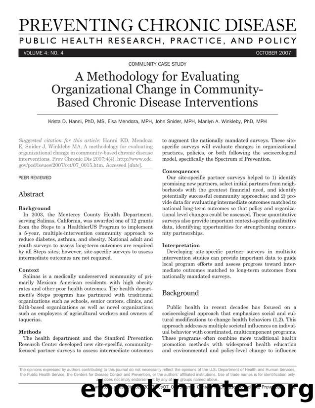 Preventing Chronic Disease by Krista D. Hanni PhD MS Elsa Mendoza MPH John Snider MPH Marilyn A. Winkleby PhD MPH for CDC