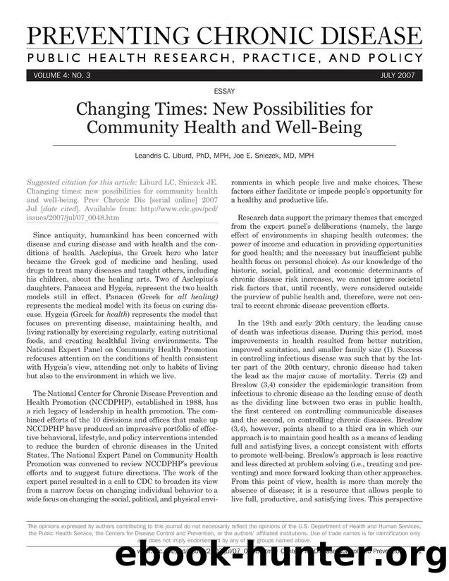 Preventing Chronic Disease by Leandris C. Liburd PhD MPH Joe E. Sniezek MD MPH for CDC