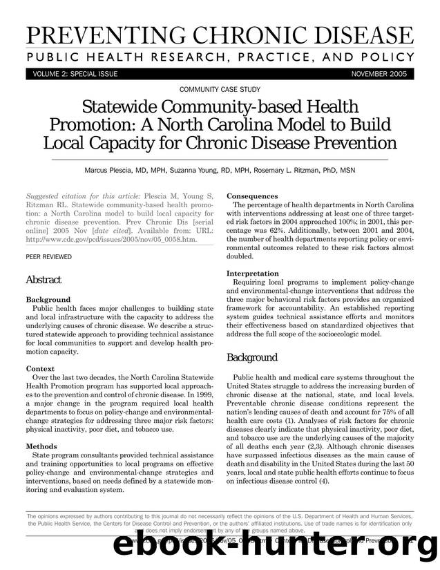 Preventing Chronic Disease by Marcus Plescia MD MPH Suzanna Young RD MPH Rosemary L. Ritzman PhD MSN for CDC