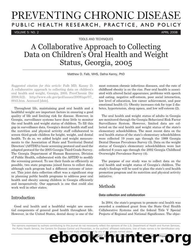 Preventing Chronic Disease by Matthew D. Falb MHS Dafna Kanny PhD for CDC