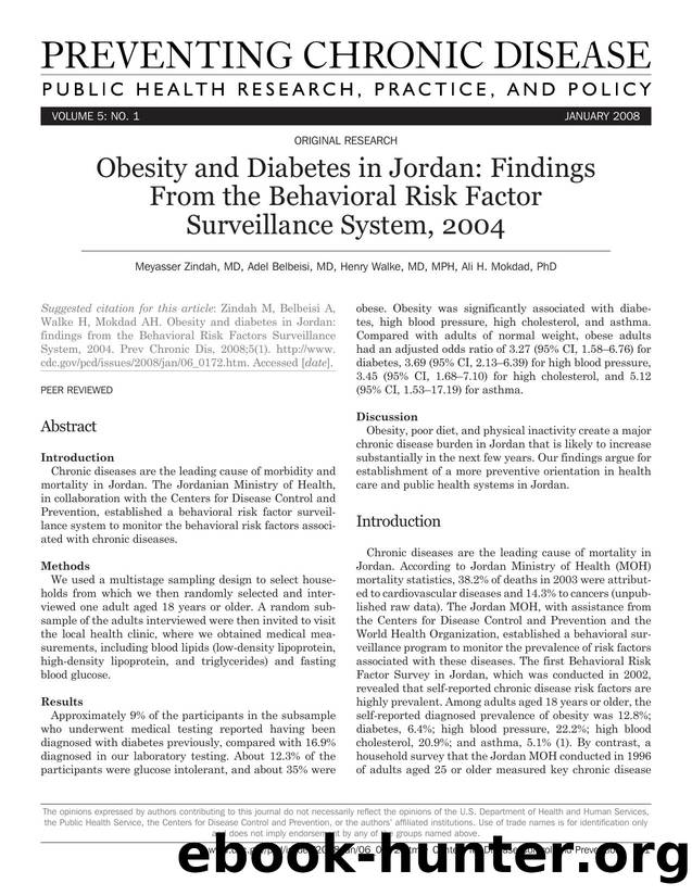 Preventing Chronic Disease by Meyasser Zindah MD Adel Belbeisi MD Henry Walke MD MPH Ali H. Mokdad PhD for CDC