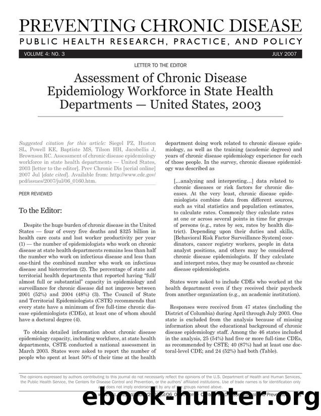 Preventing Chronic Disease by Paul Z. Siegel MD MPH and others for CDC