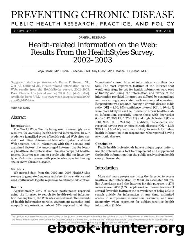 Preventing Chronic Disease by Pooja Bansil MPH Nora L. Keenan PhD Amy I. Zlot MPH Jeanne C. Gilliland MBIS for CDC