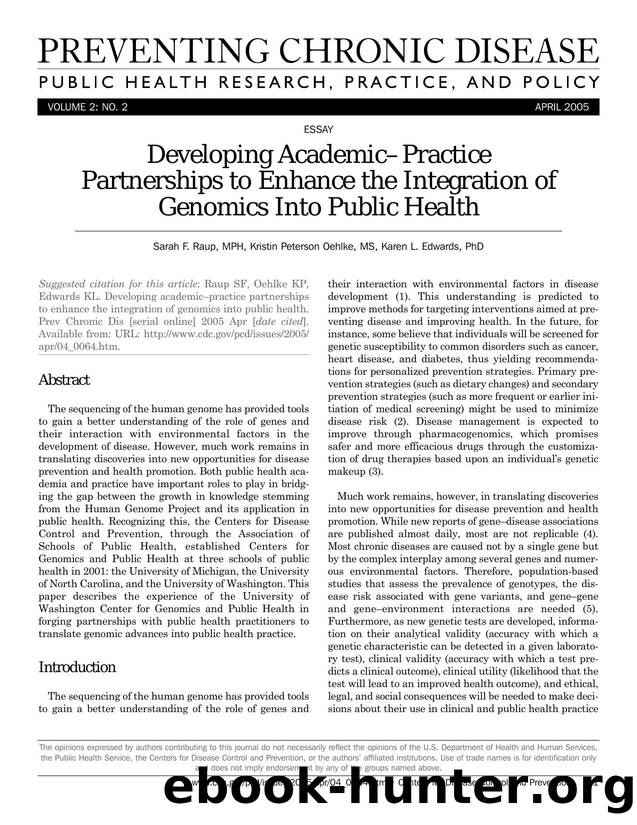 Preventing Chronic Disease by Sarah F. Raup MPH Kristin Peterson Oehlke MS Karen L. Edwards PhD for CDC