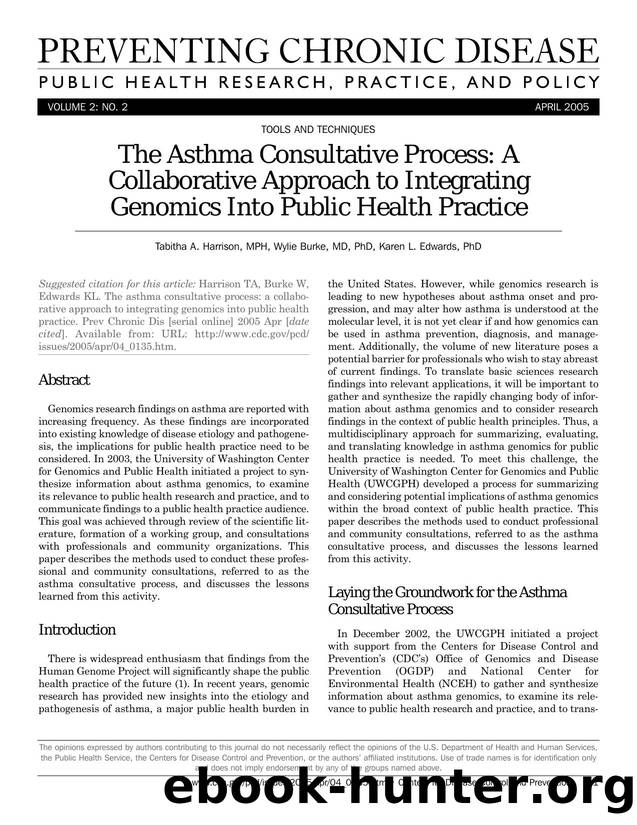 Preventing Chronic Disease by Tabitha A. Harrison MPH Wylie Burke MD PhD Karen L. Edwards PhD for CDC