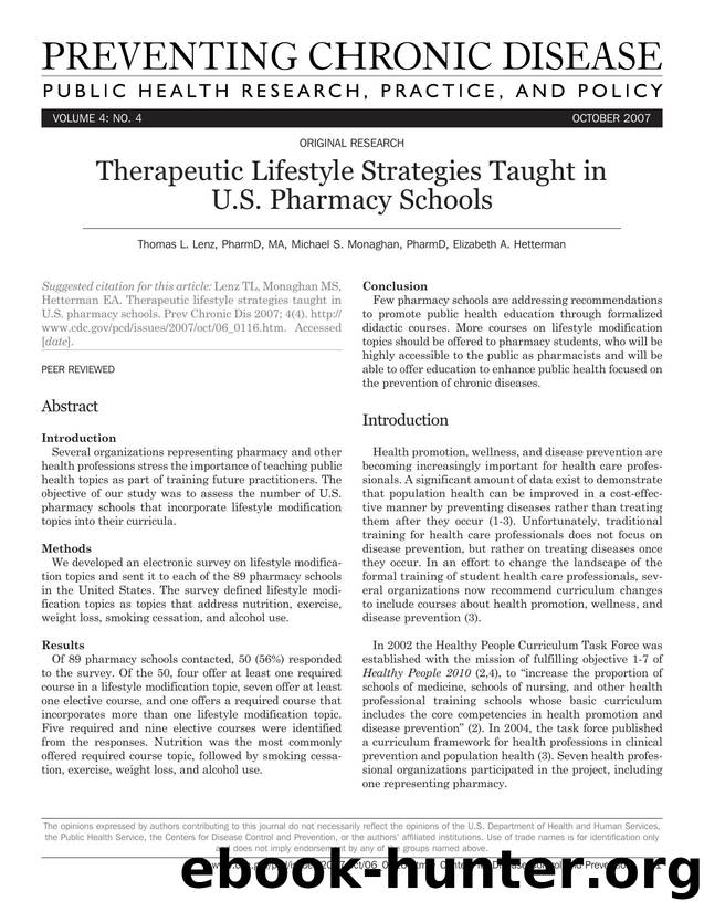 Preventing Chronic Disease by Thomas L. Lenz PharmD MA Michael S. Monaghan PharmD Elizabeth A. Hetterman for CDC