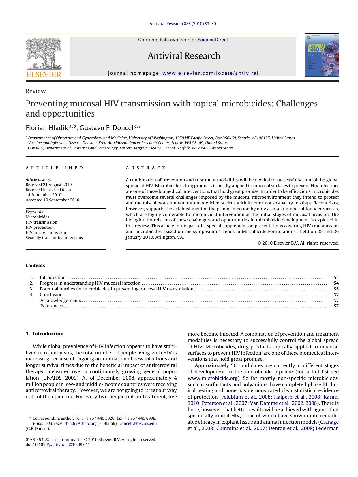 Preventing mucosal HIV transmission with topical microbicides: Challenges and opportunities by Florian Hladik