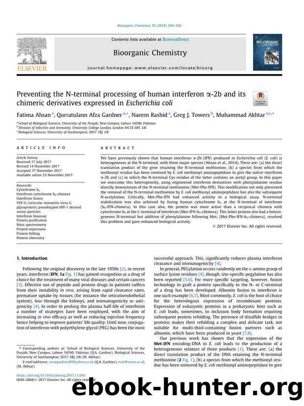 Preventing the N-terminal processing of human interferon ÃÂ±-2b and its chimeric derivatives expressed in Escherichia coli by Fatima Ahsan & Qurratulann Afza Gardner & Naeem Rashid & Greg J. Towers & Muhammad Akhtar