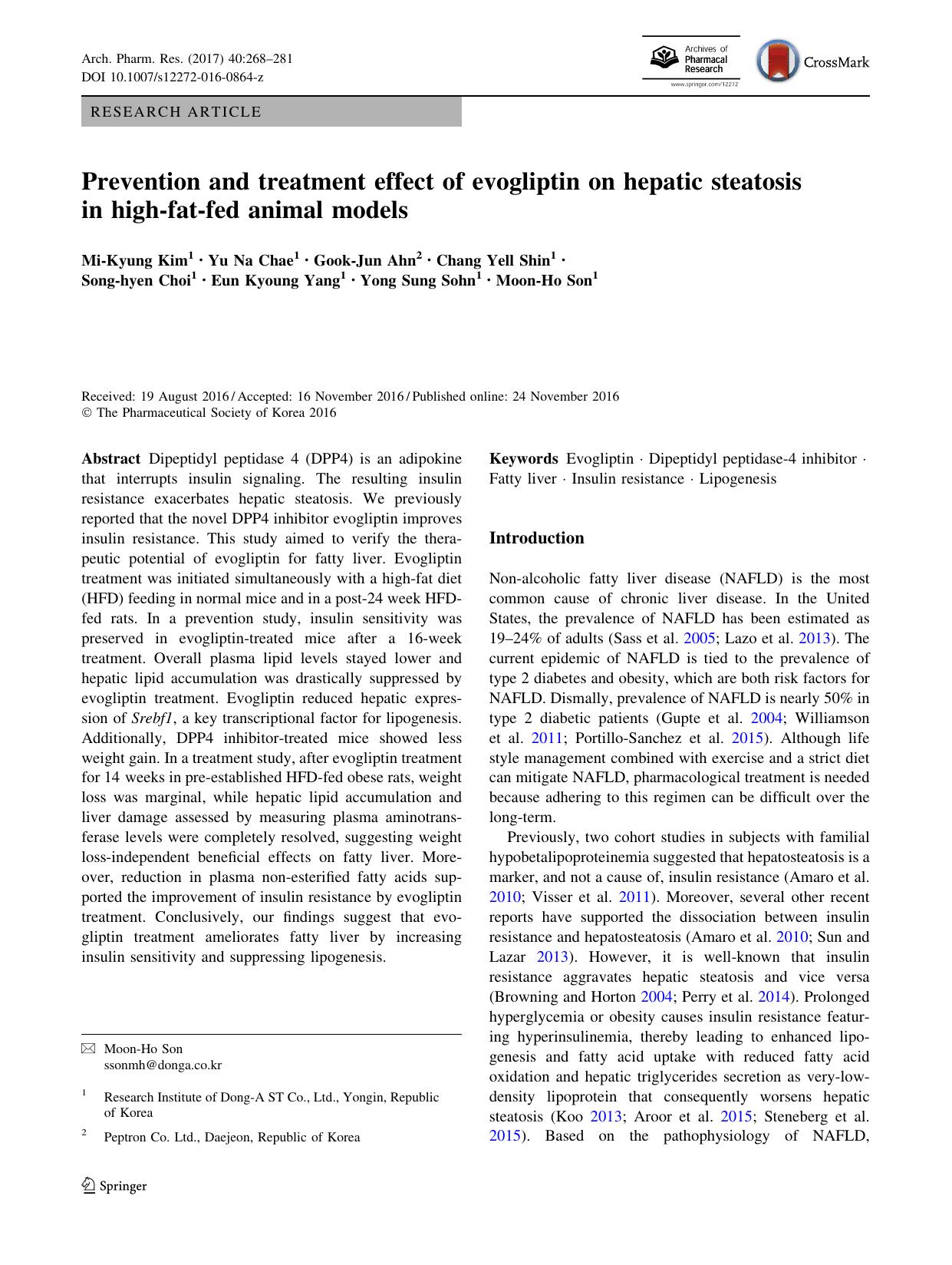 Prevention and treatment effect of evogliptin on hepatic steatosis in high-fat-fed animal models by unknow