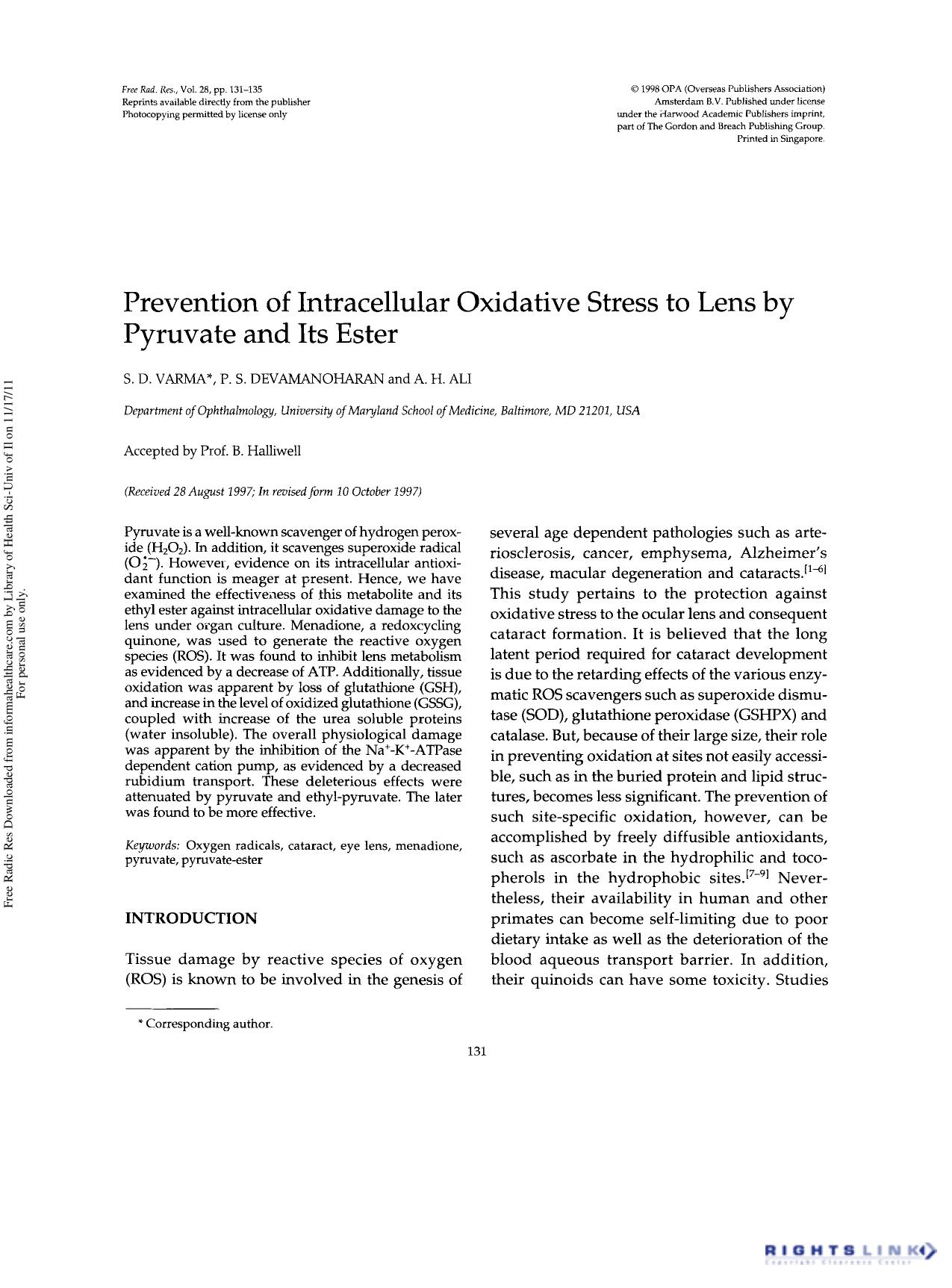 Prevention of Intracellular Oxidative Stress to Lens by Pyruvate and Its Ester by S. D. Varma1 P. S. Devamanoharan1 & A. H. Ali1