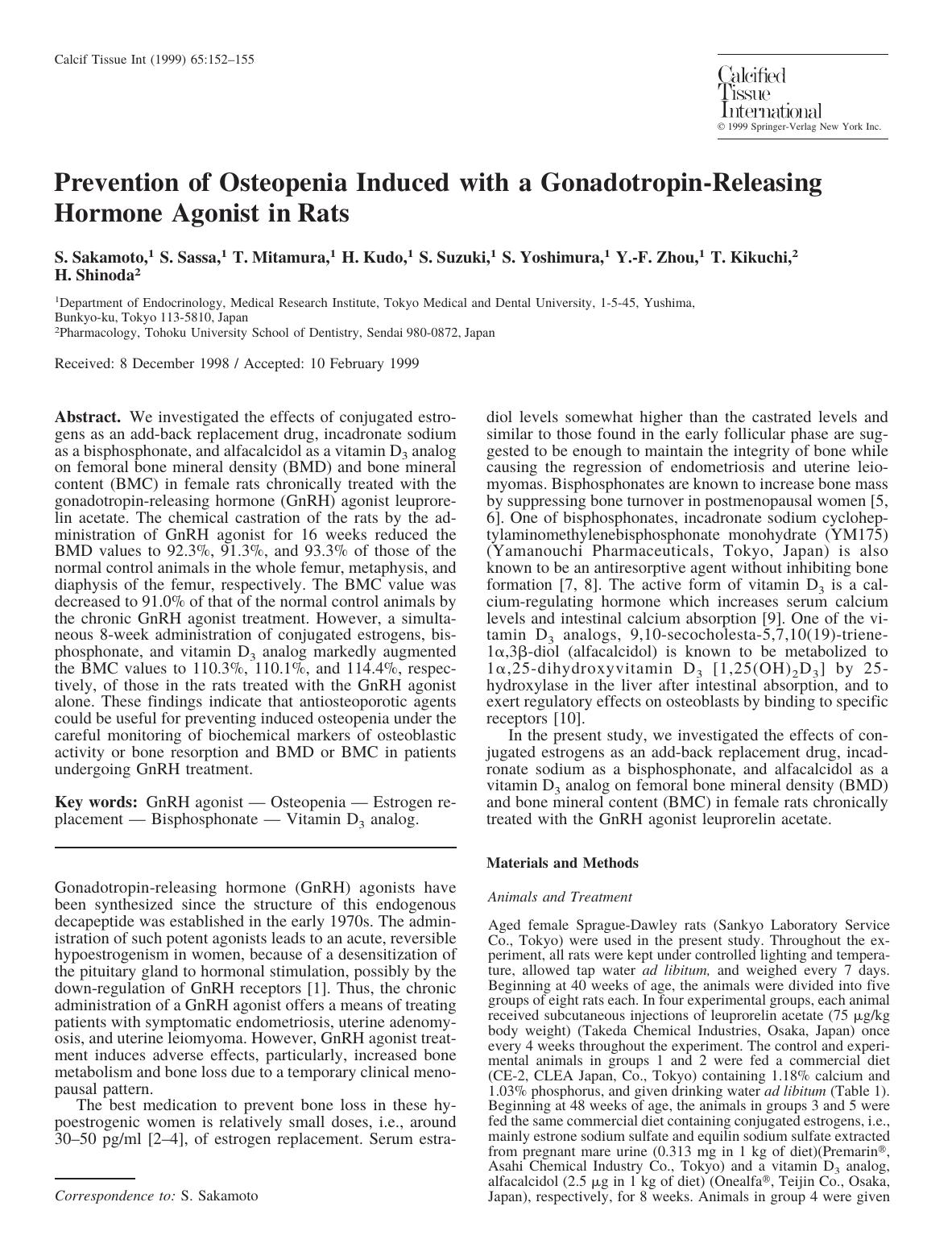 Prevention of Osteopenia Induced with a Gonadotropin-Releasing Hormone Agonist in Rats by Sakamoto S. et al