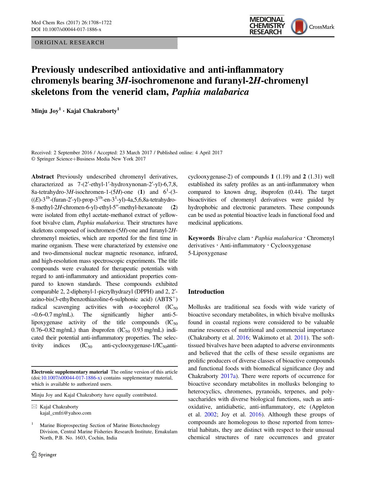 Previously undescribed antioxidative and anti-inflammatory chromenyls bearing 3H-isochromenone and furanyl-2H-chromenyl skeletons from the venerid clam, Paphia malabarica by Minju Joy & Kajal Chakraborty