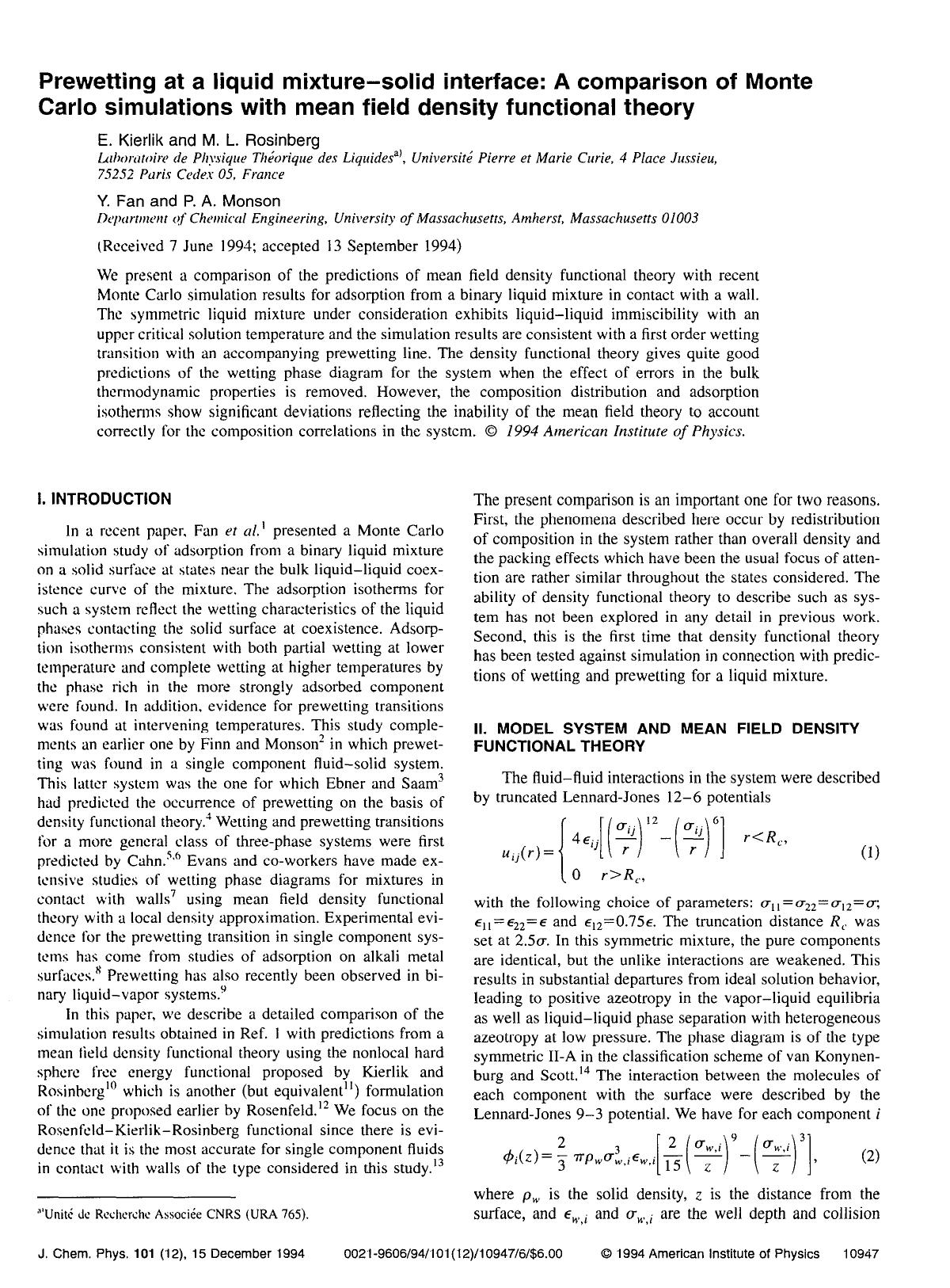 Prewetting at a liquid mixture--solid interface: A comparison of Monte Carlo simulations with mean field density functional theory by E. Kierlik; M. L. Rosinberg; Y. Fan; P. A. Monson