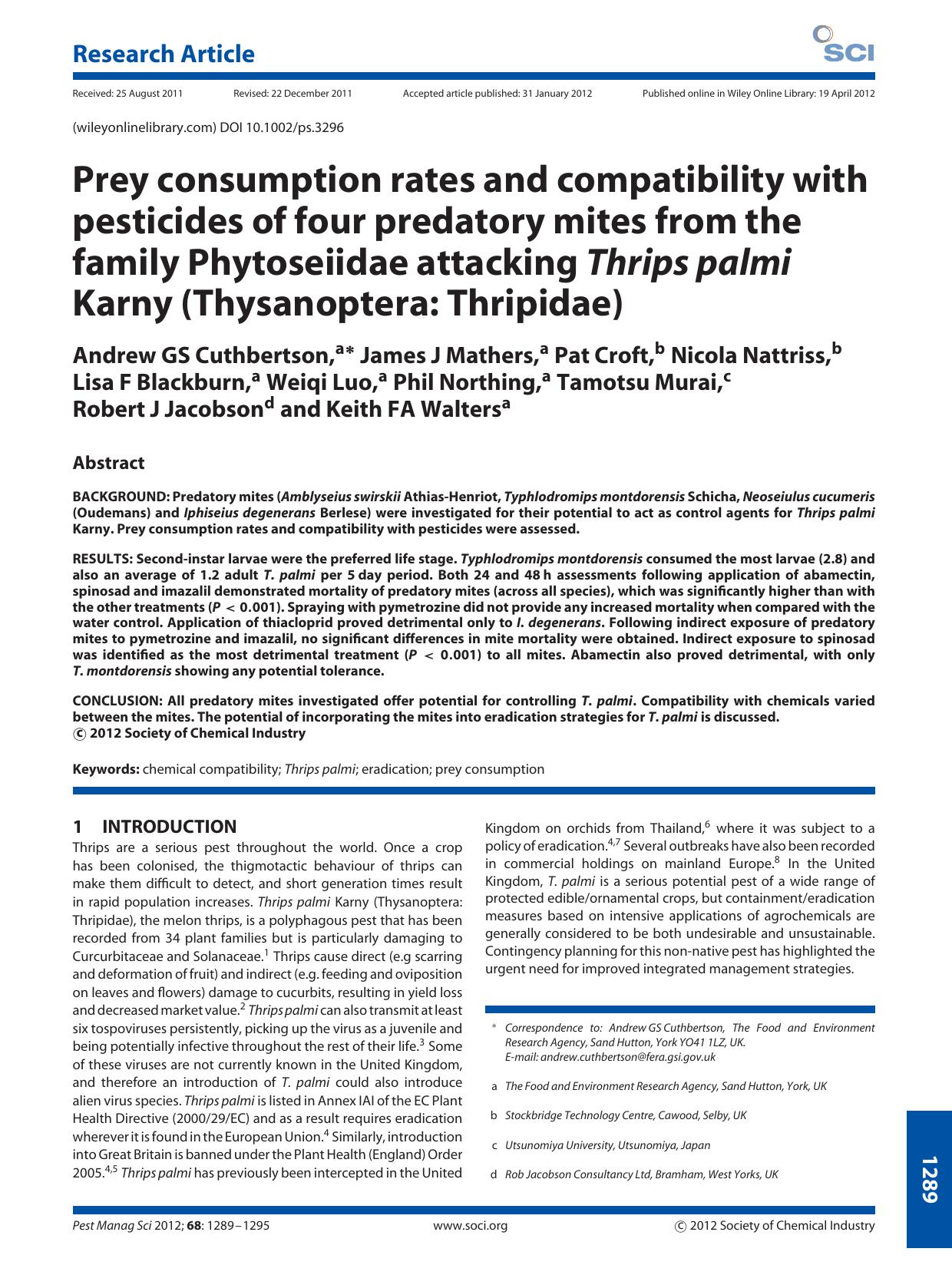 Prey consumption rates and compatibility with pesticides of four predatory mites from the family Phytoseiidae attacking Thrips palmi Karny (Thysanoptera: Thripidae) by Unknown