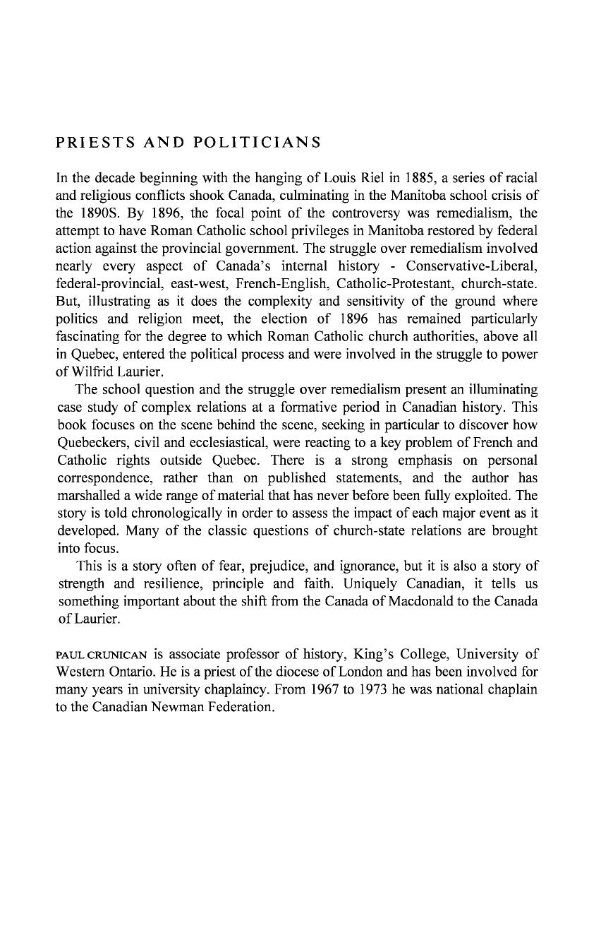 Priests and Politicians: Manitoba Schools and the Election of 1896 by Paul Crunican
