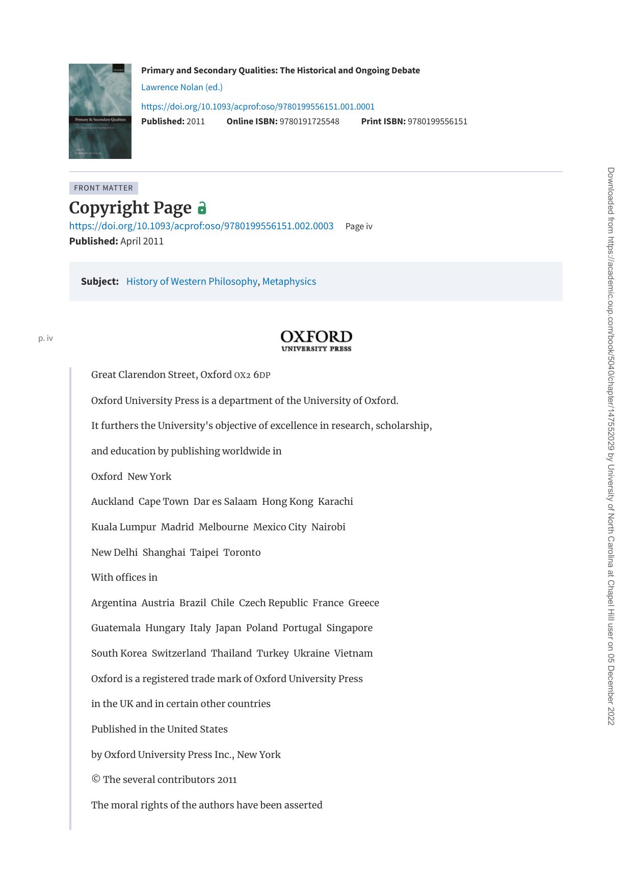 Primary and Secondary Qualities: The Historical and Ongoing Debate by Lawrence Nolan (editor)