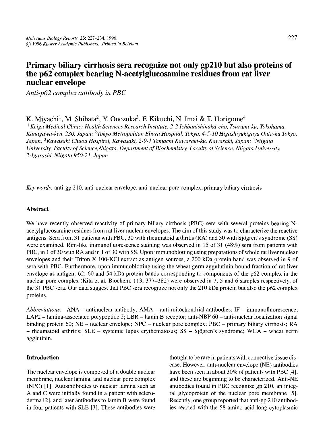 Primary biliary cirrhosis sera recognize not only gp210 but also proteins of the p62 complex bearing N-acetylglucosamine residues from rat liver nuclear envelope by Unknown