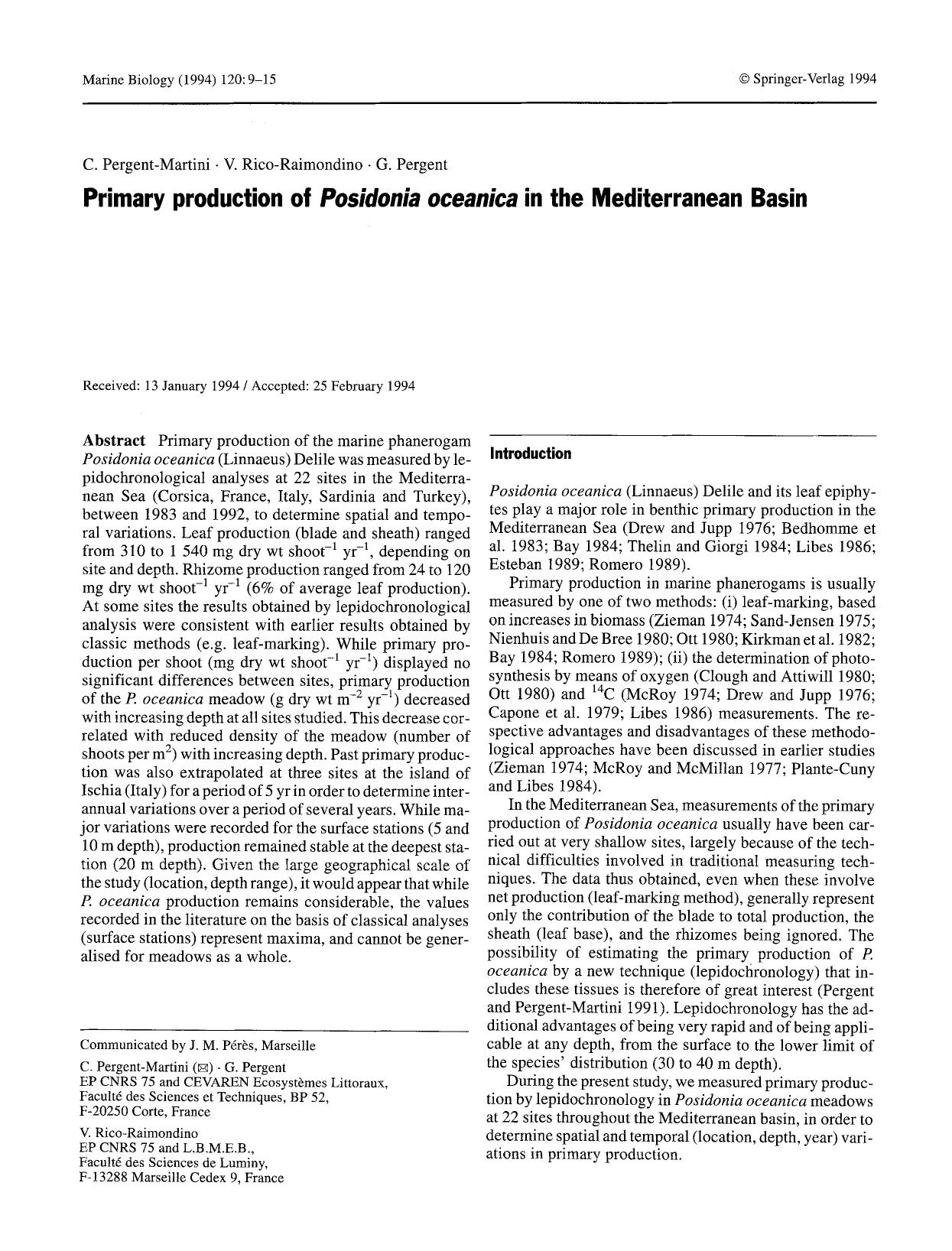 Primary production of <Emphasis Type="Italic">Posidonia oceanica<Emphasis> in the Mediterranean Basin by Unknown