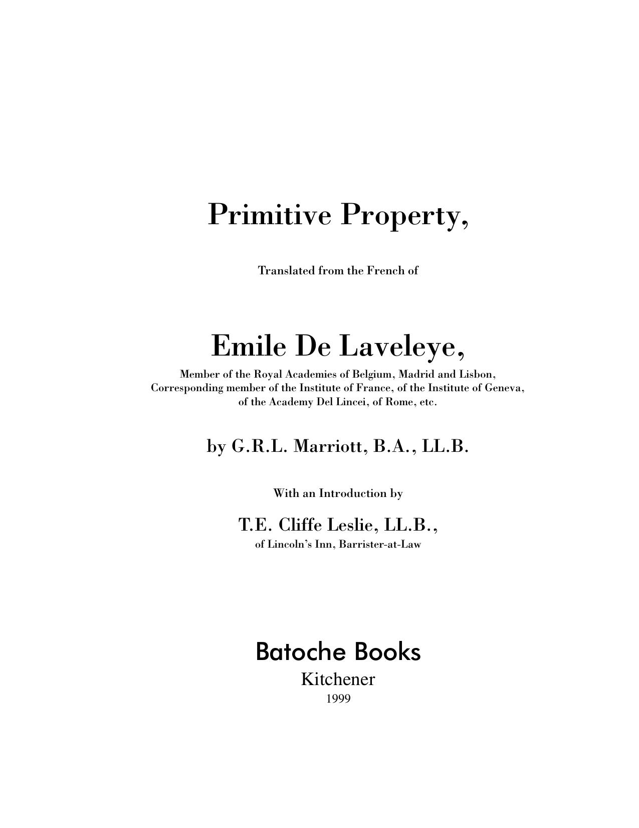 Primitive Property by Emile De Laveleye; G.R.L. Marriott