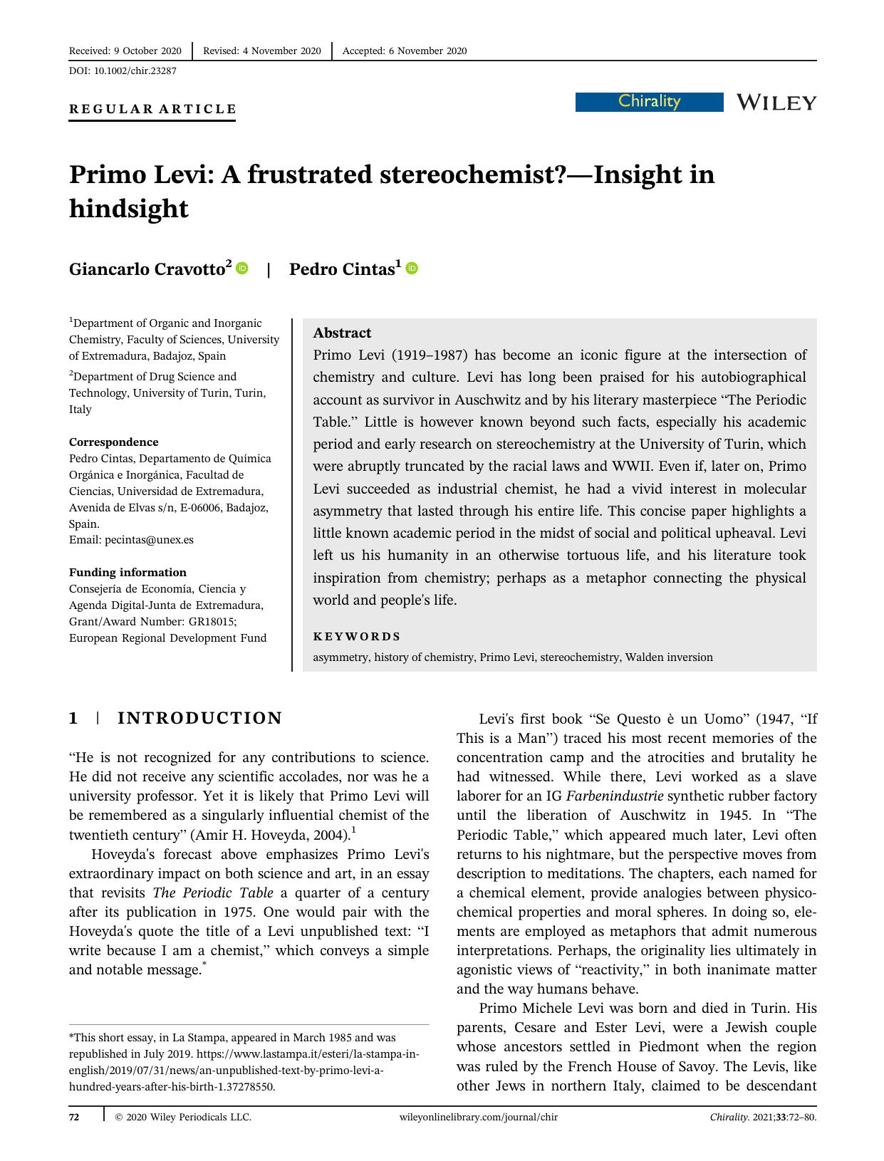 Primo Levi: A frustrated stereochemist?Insight in hindsight by Giancarlo Cravotto & Pedro Cintas