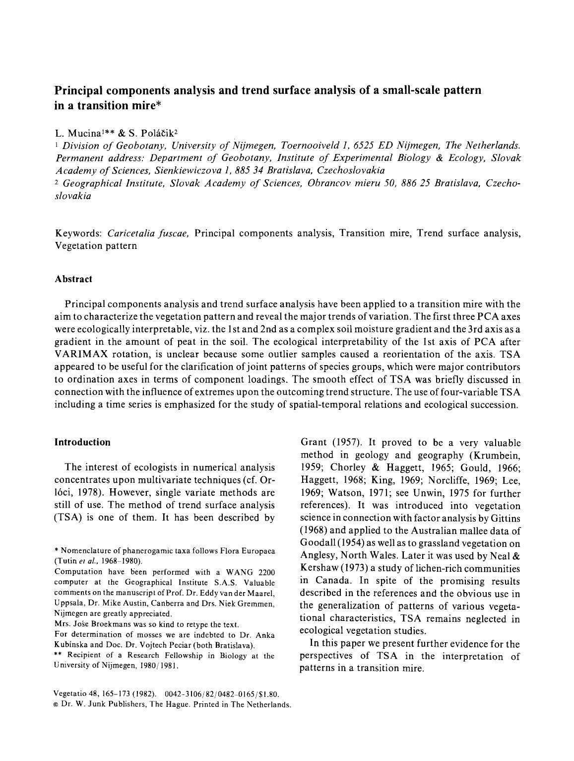 Principal components analysis and trend surface analysis of a small-scale pattern in a transition mire by Unknown