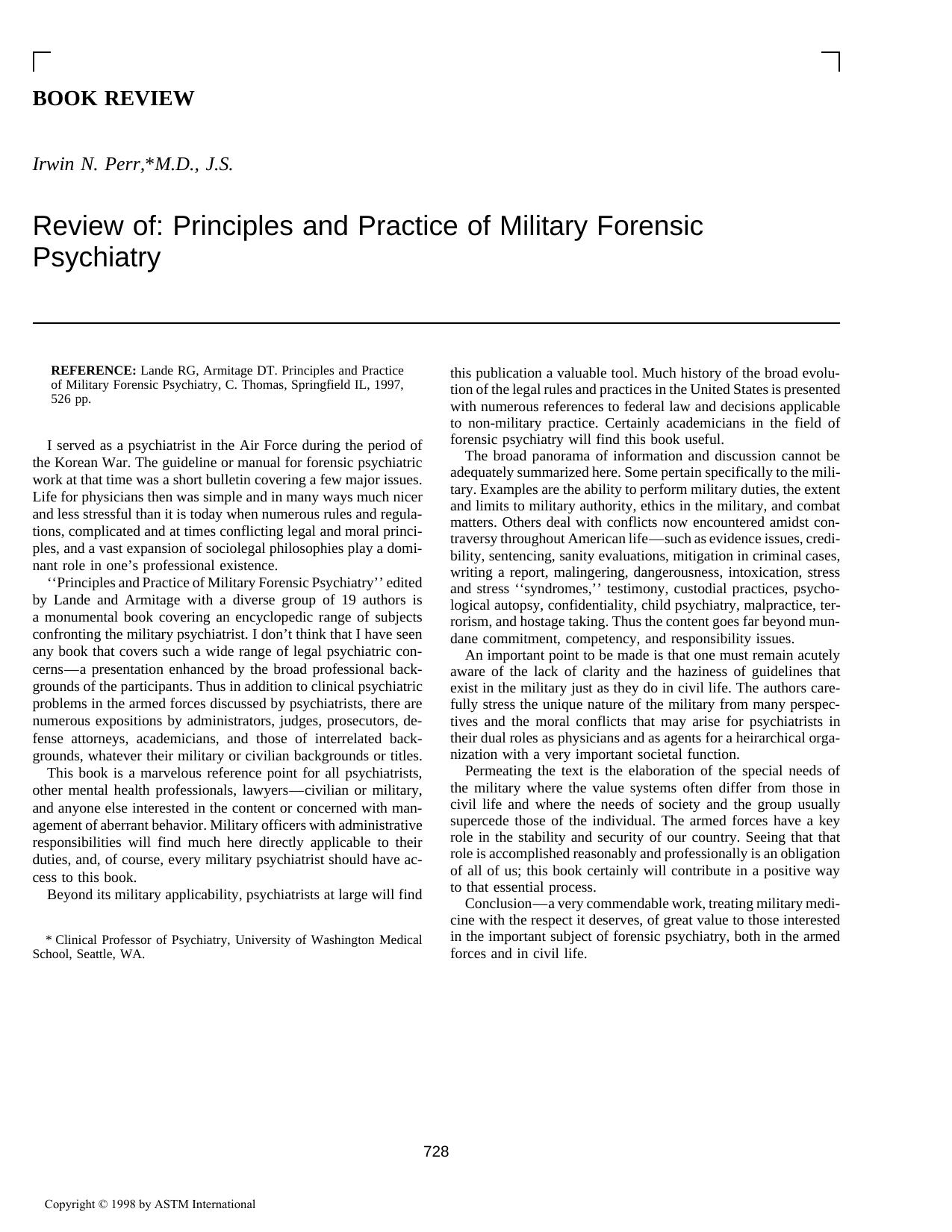 Principles and practice of military forensic psychiatry by Lande RO Armitage DT