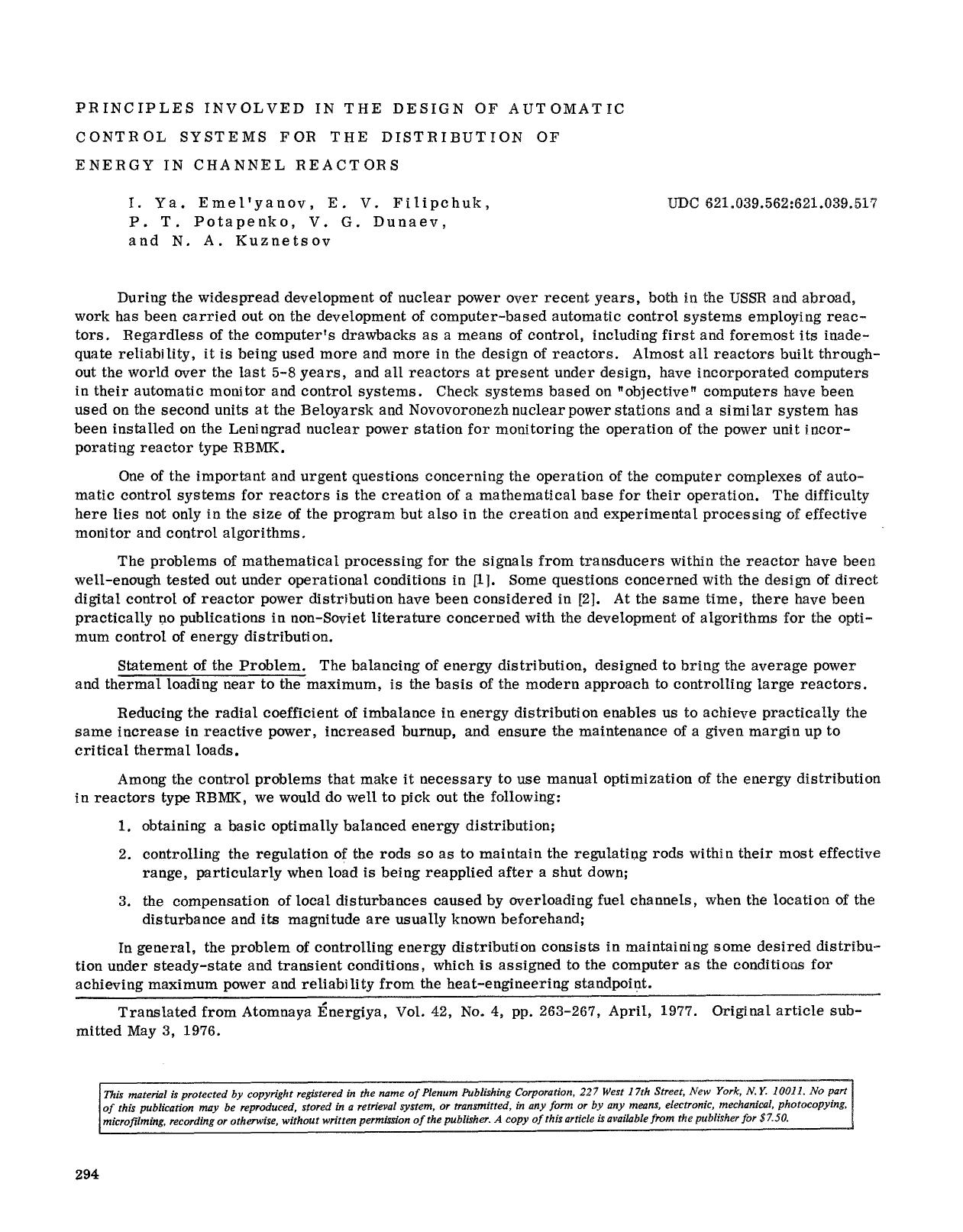 Principles involved in the design of automatic control systems for the distribution of energy in channel reactors by Unknown