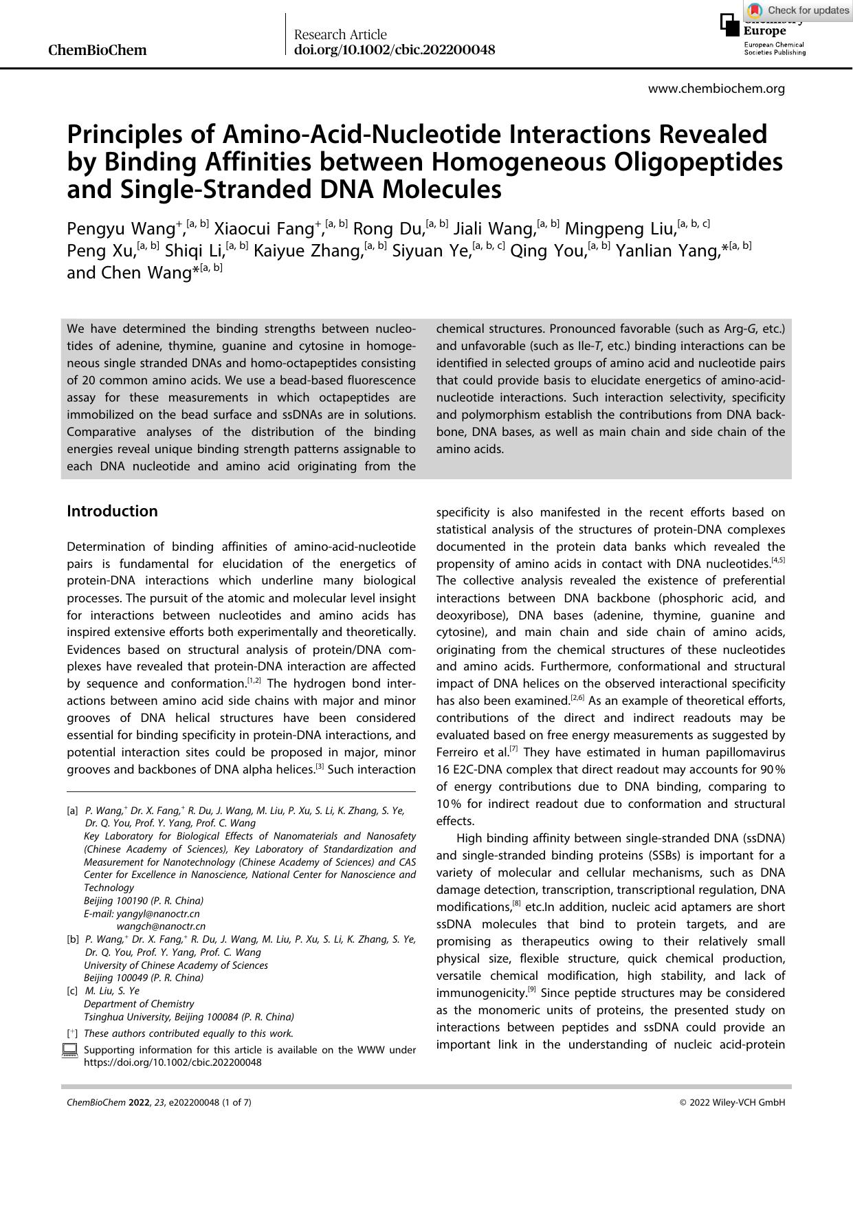 Principles of AminoâAcidâNucleotide Interactions Revealed by Binding Affinities between Homogeneous Oligopeptides and SingleâStranded DNA Molecules by Unknown
